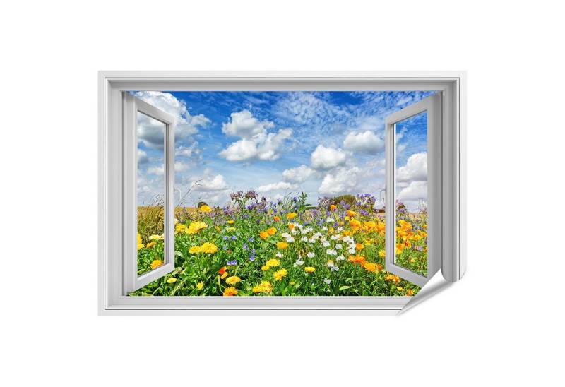 islandburner Poster Offenes Fenster mit Blick auf eine bunte Blumenwiese unter blauem Himm islandburner Poster Offenes Fenster mit Blick auf eine bunte Blumenwiese unter blauem Himm von islandburner