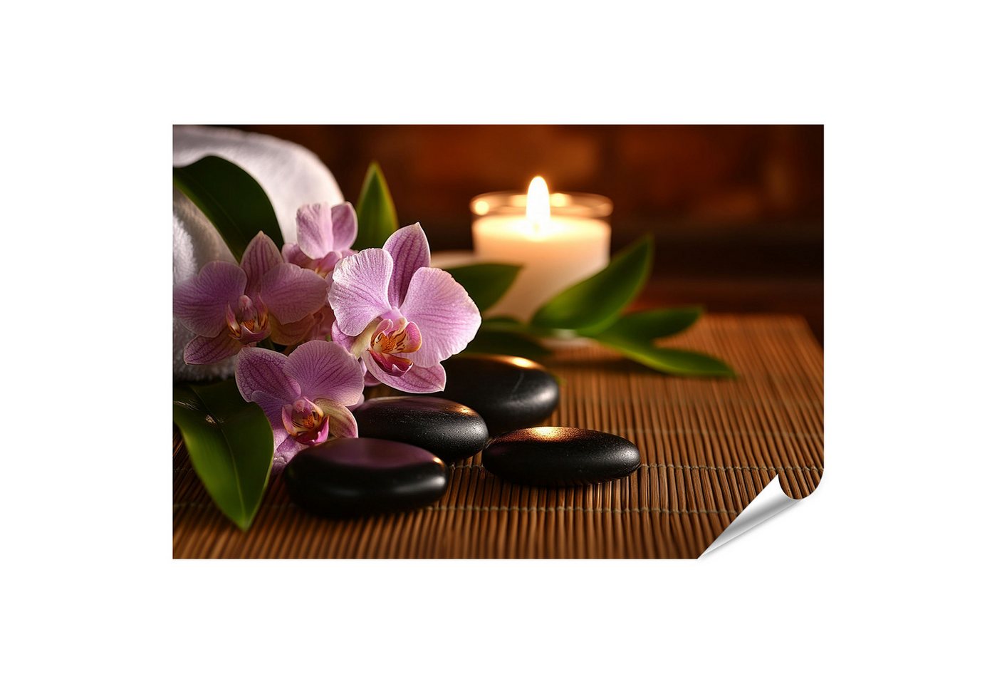 islandburner Poster Orchideen Kerze und Steine Spa Stimmung Wandbild von islandburner