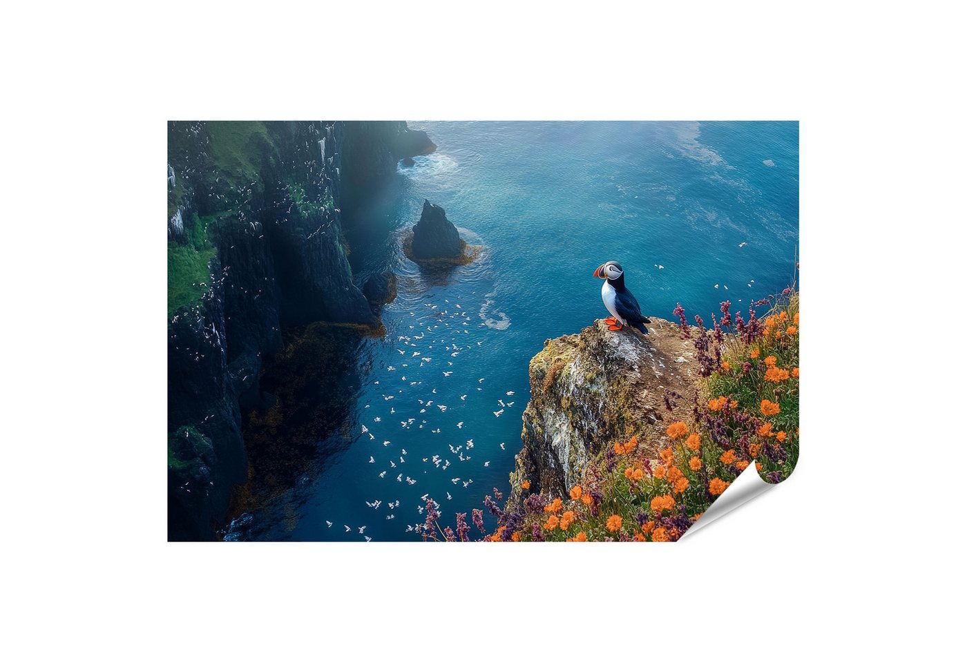 islandburner Poster Papageientaucher auf einer Klippe mit Meerblick und Blumen Wandbild islandburner Poster Papageientaucher auf einer Klippe mit Meerblick und Blumen Wandbild von islandburner