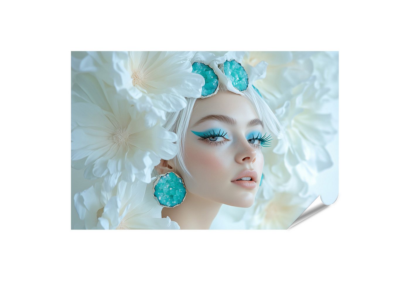 islandburner Poster Porträt einer Frau mit weißen Blumen und türkisen Ohrringen von islandburner