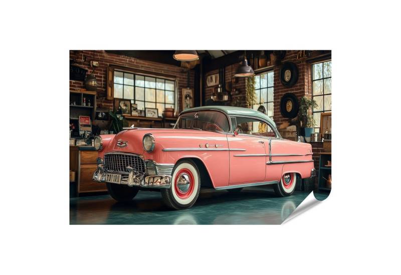 islandburner Poster Rosa Oldtimer in einer Vintage Garage Wandbild von islandburner