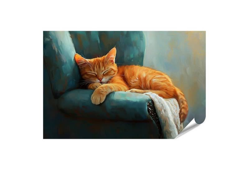 islandburner Poster Schlafende Orange Katze auf blauem Sessel von islandburner