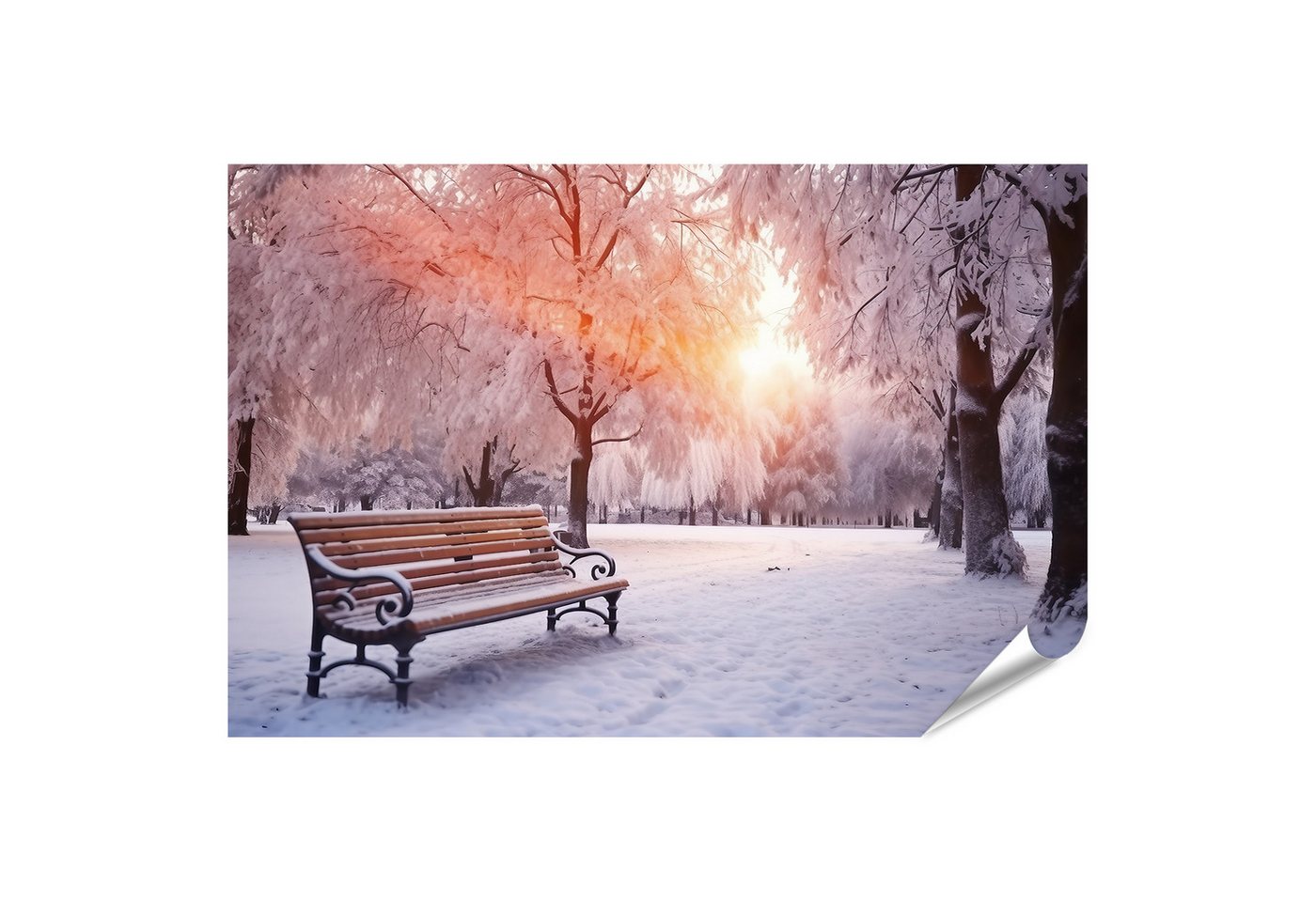 islandburner Poster Schneebedeckte Parkbank Bäume im Sonnenuntergang Winteridyll Bilder von islandburner