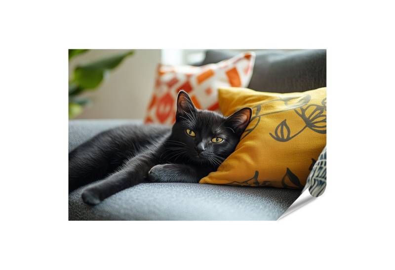 islandburner Poster Schwarze Katze auf gelbem Kissen lounging von islandburner