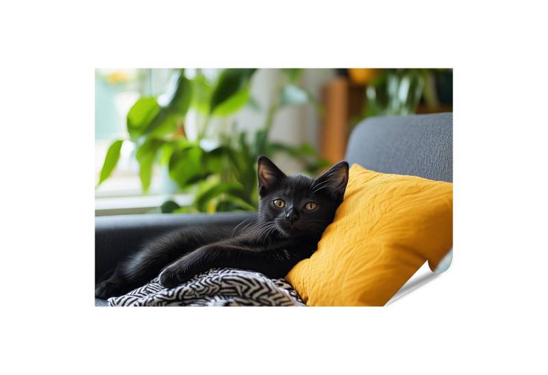 islandburner Poster Schwarze Katze auf grauem Sofa mit gelbem Kissen von islandburner
