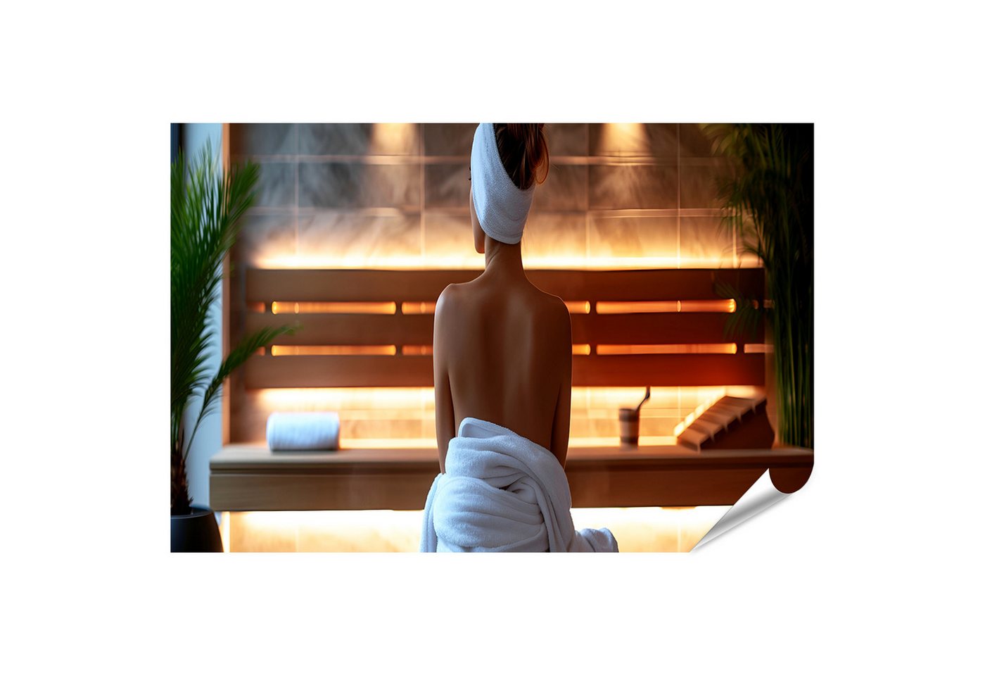 islandburner Poster Silhouette einer Frau mit Handtuch im Rücken in Sauna Wellnessbereich von islandburner