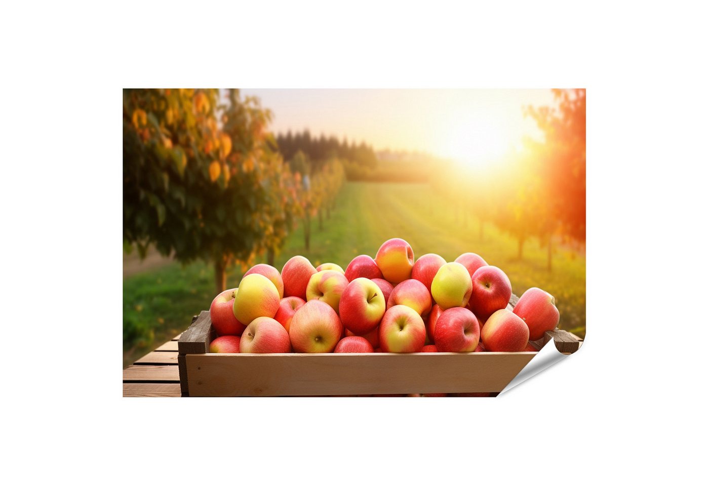 islandburner Poster Sonnenuntergang über Apfelplantage, äpfel auf Holzkiste am Tisch darge von islandburner