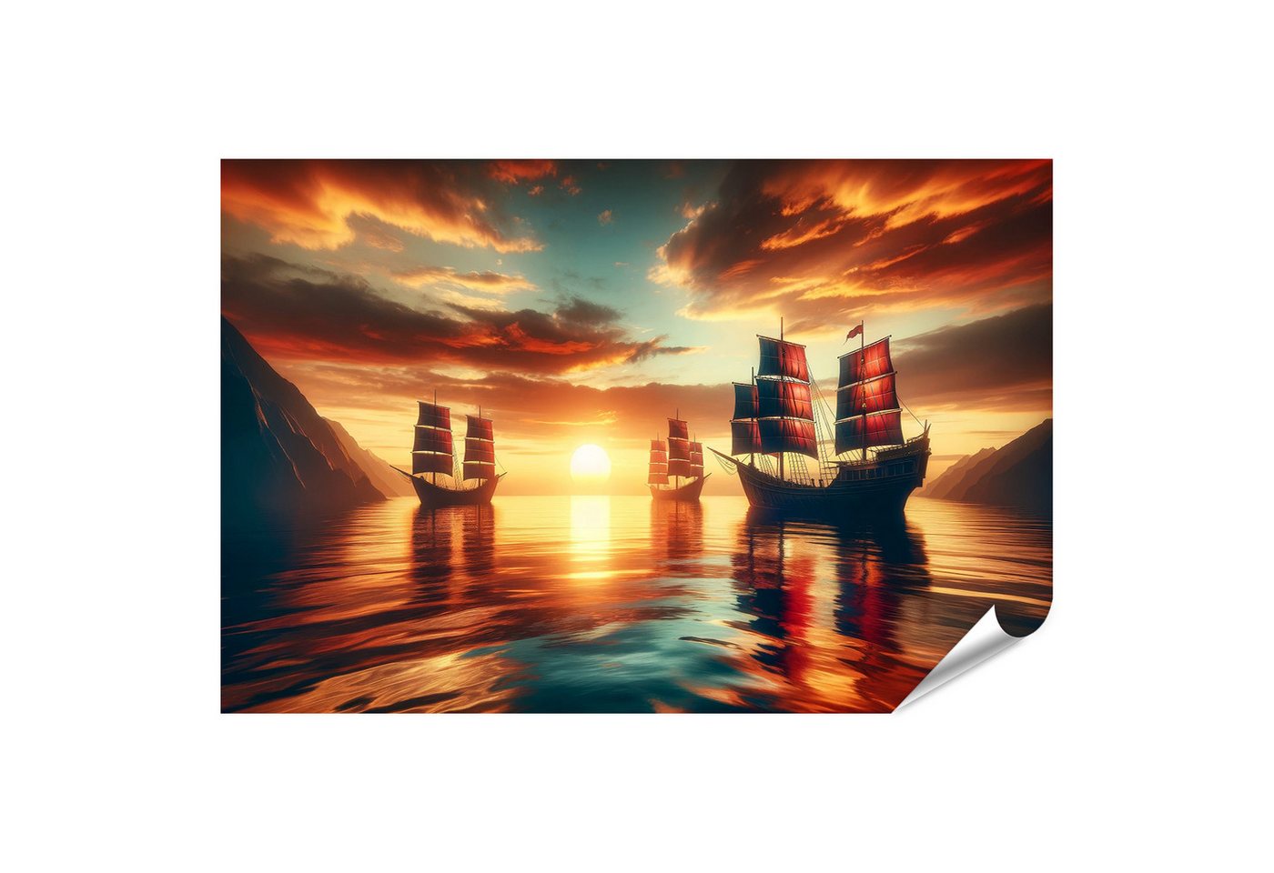 islandburner Poster Stille Wasser: Alte Schiffe unter einem beeindruckenden Sonnenuntergan von islandburner