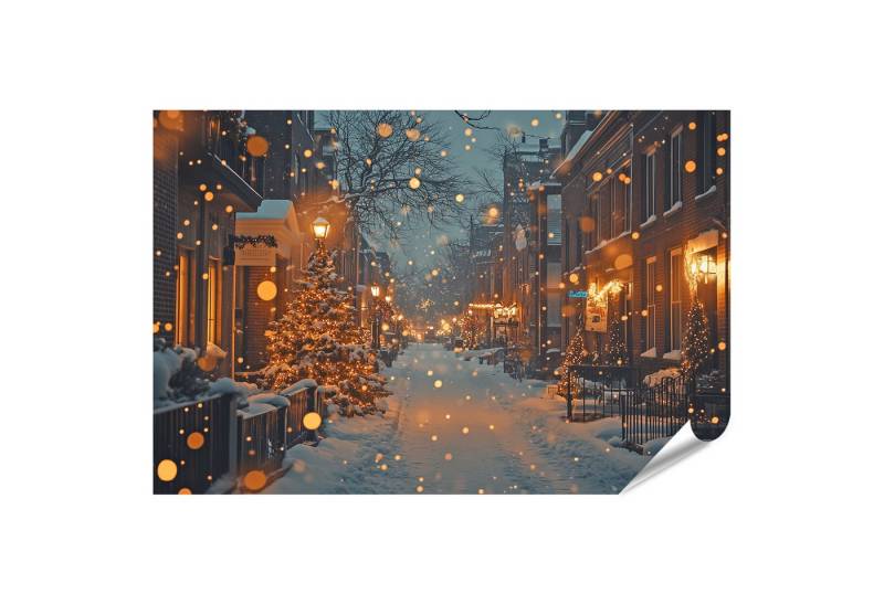 islandburner Poster Verschneite Straße mit Weihnachtsbeleuchtung von islandburner