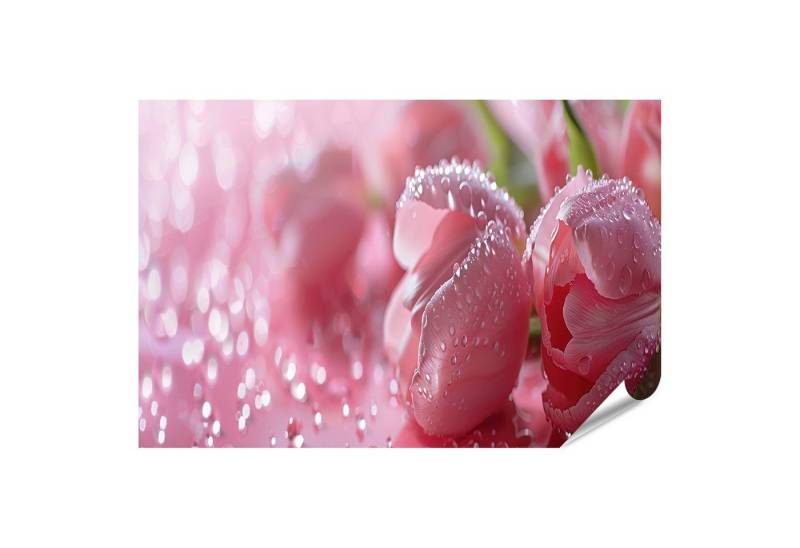 islandburner Poster Verzaubernde Blumenpracht: Rosa Tulpen, Rosen und funkelnde Wassertrop von islandburner