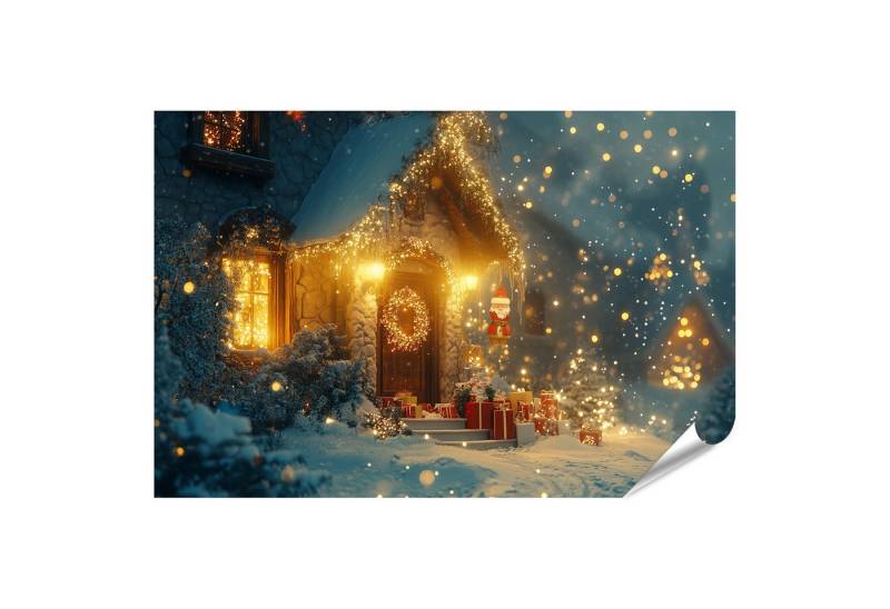 islandburner Poster Verzaubertes Winterhaus mit Weihnachtsbeleuchtung und Geschenken von islandburner