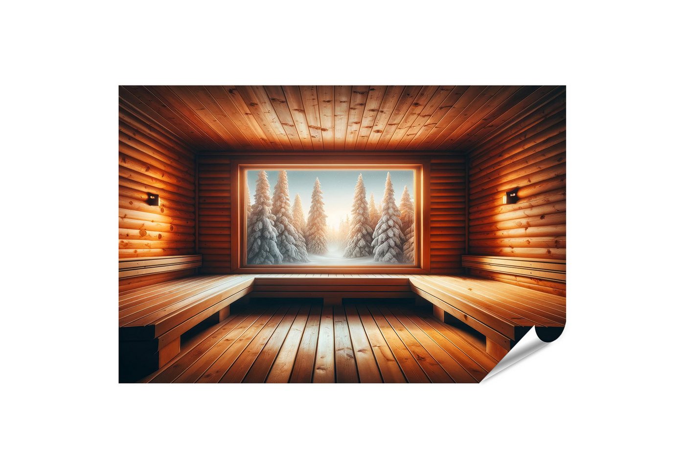 islandburner Poster Warme finnische Sauna mit Winterlandschaft im Fenster von islandburner