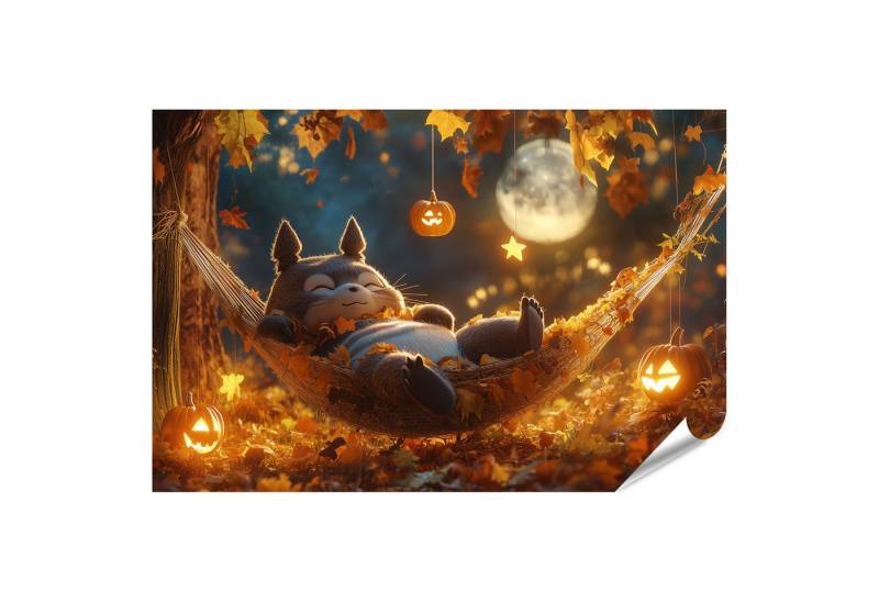 islandburner Poster Waschbär entspannt in einer Hängematte unter Herbstblättern und Hallo von islandburner