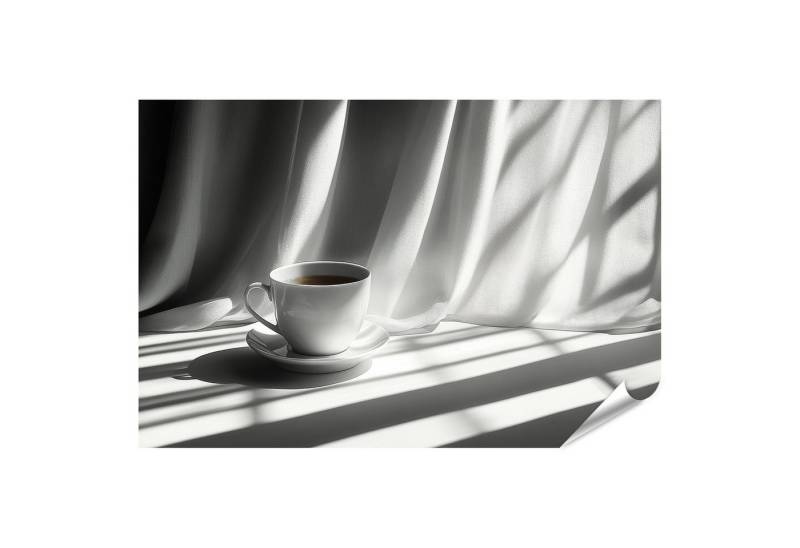 islandburner Poster Weiße Kaffeetasse auf Unterteller auf Tisch im Sonnenlicht erzeugt we von islandburner