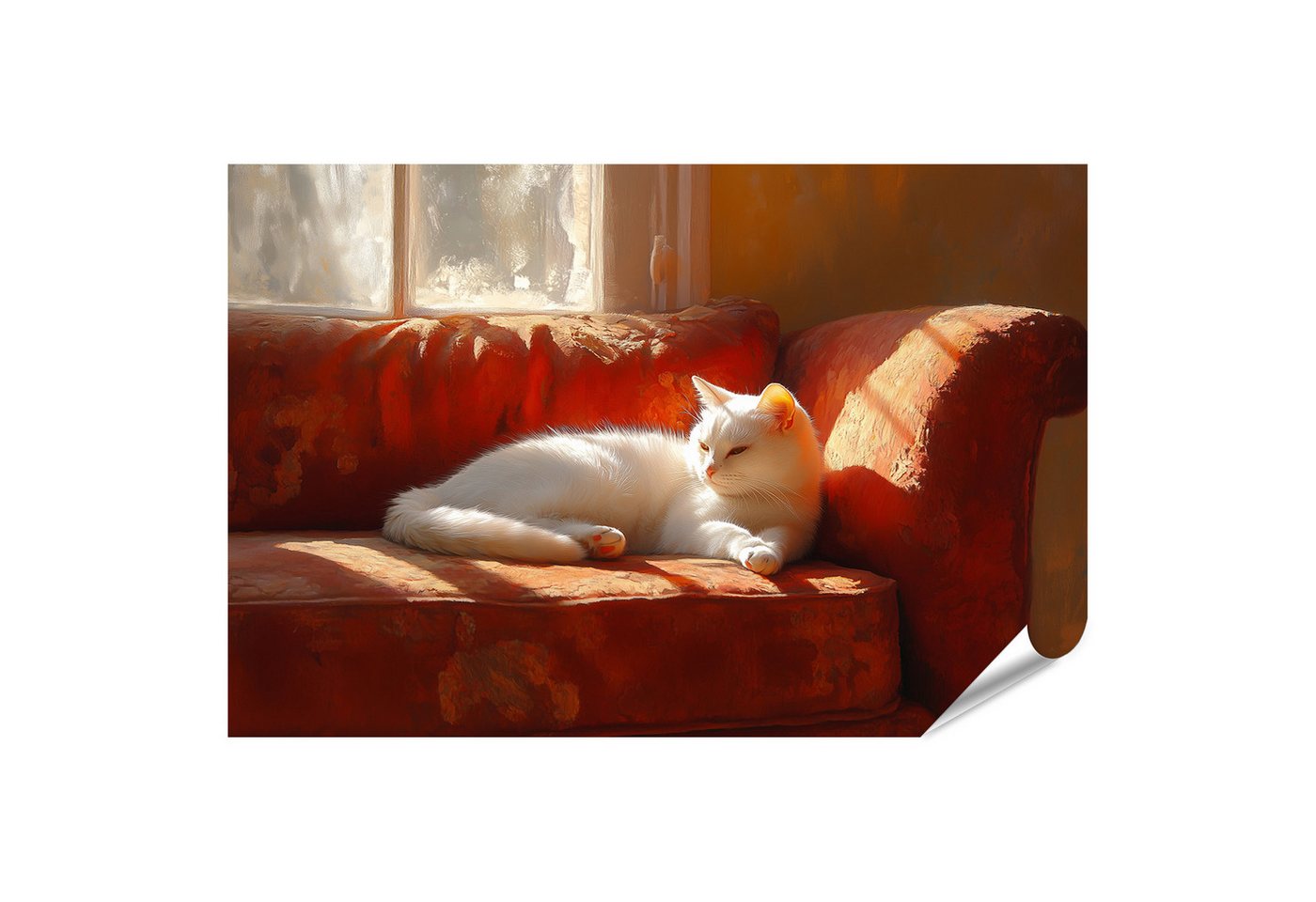 islandburner Poster Weiße Katze sonnt sich auf rotem Sofa islandburner Poster Weiße Katze sonnt sich auf rotem Sofa von islandburner