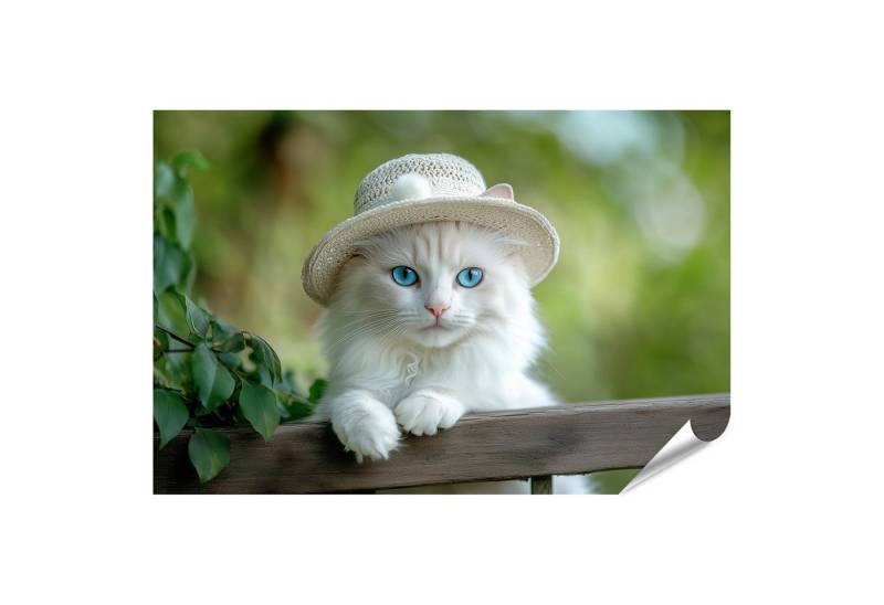 islandburner Poster Weißer Kater mit blauen Augen und Strohhut in der Natur von islandburner
