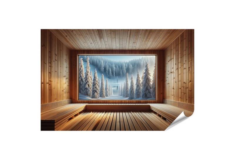 islandburner Poster Winterwunderland durch das Fenster einer gemütlichen Holzsauna von islandburner