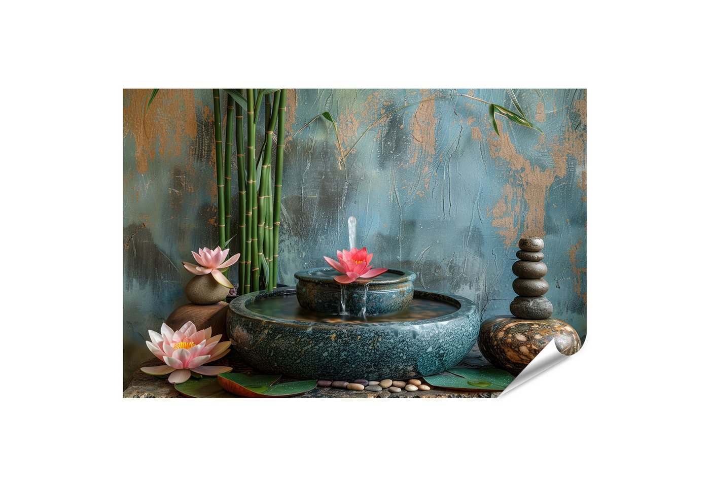 islandburner Poster Zen Spa: Serene Bamboo Fountain & Tranquil Lotus Still Life Badezimmer von islandburner