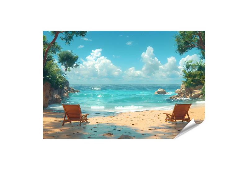 islandburner Poster Zwei Holzstühle stehen auf einem sandigen Strand, mit Blick aufs endlo von islandburner