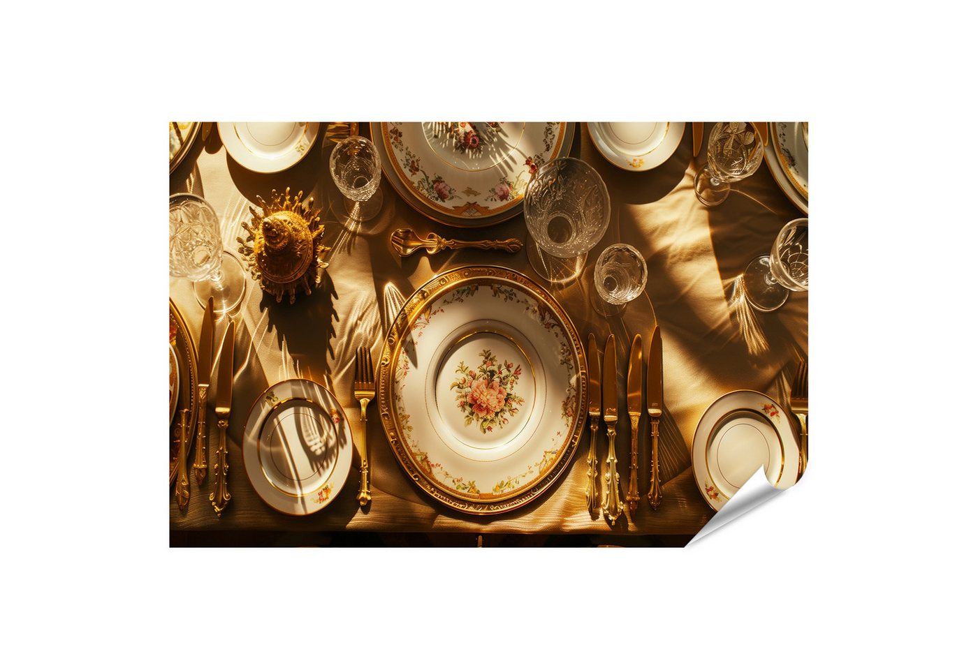 islandburner Poster ästhetisches Wandbild: Antiker Tisch mit Porzellan und goldenem Festta von islandburner