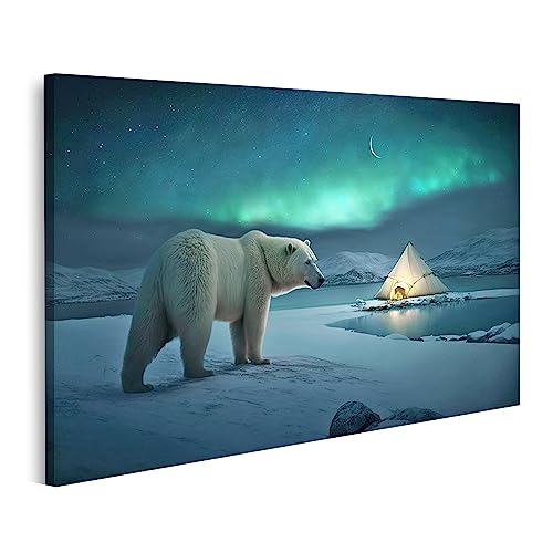 islandburner Prime Bild auf Leinwand Eisbär Nordlichter in der Nähe von Camping Zelt unter grünen Nordlicht Bilder Wandbilder Poster von islandburner