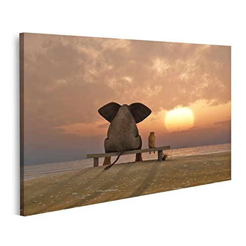 islandburner Prime Bild auf Leinwand Elefant und Hund sitzen am Strand Freundschaft Sonnenuntergang Bilder Wandbilder Poster von islandburner