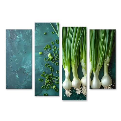islandburner Prime Bild auf Leinwand Frische grüne Zwiebeln, vielfältig ausgebreitet auf dem Tisch, als Wandbild Küche Gemüsehändler Bilder Wandbilder Poster von islandburner