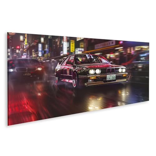 islandburner Prime Bild auf Leinwand Klassischer BMW in der neonbeleuchteten Stadtgeschwindigkeit für Garage Autoliebhaber Autowerkstatt Bilder Wandbilder Poster von islandburner