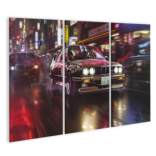 islandburner Prime Bild auf Leinwand Klassischer BMW in der neonbeleuchteten Stadtgeschwindigkeit für Garage Autoliebhaber Autowerkstatt Bilder Wandbilder Poster von islandburner