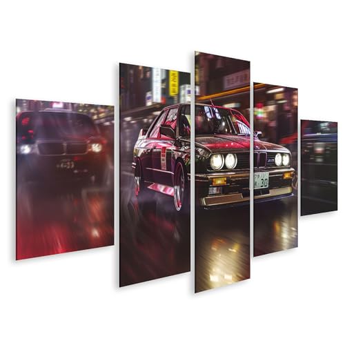 islandburner Prime Bild auf Leinwand Klassischer BMW in der neonbeleuchteten Stadtgeschwindigkeit für Garage Autoliebhaber Autowerkstatt Bilder Wandbilder Poster von islandburner