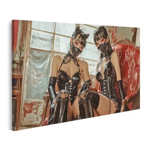 islandburner Prime Bild auf Leinwand Zwei Frauen in Latex mit Masken auf rotem Sofa Bilder Wandbilder Poster von islandburner