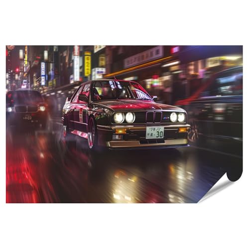 islandburner Prime XXL Bild Poster Klassischer BMW in der neonbeleuchteten Stadtgeschwindigkeit für Garage Autoliebhaber Autowerkstatt Premium Bilder Fotodruck von islandburner