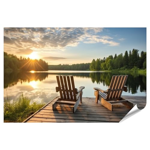 islandburner Prime XXL Bild Poster Liegestühle aus Holz die auf einen beruhigenden See ausgerichtet sind Premium Bilder Fotodruck von islandburner