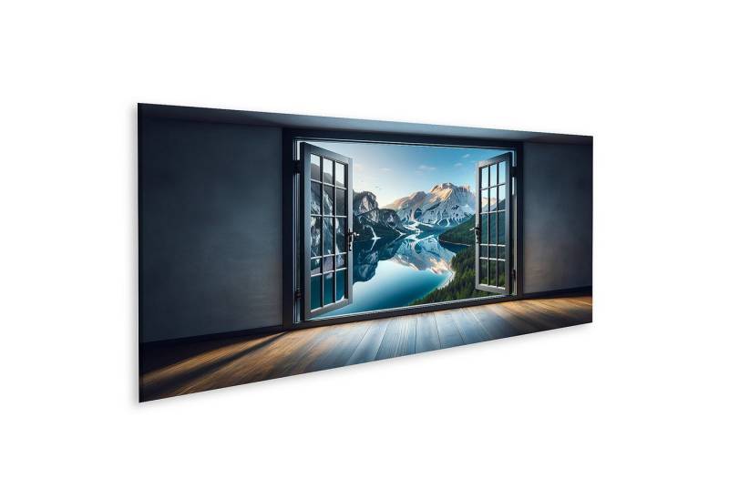 islandburner Wandbild Aussicht durch Fenster auf Bergsee und Spiegelbild von islandburner