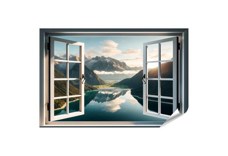islandburner Wandbild Bergpanorama durch offenes Fenster mit Seeblick von islandburner