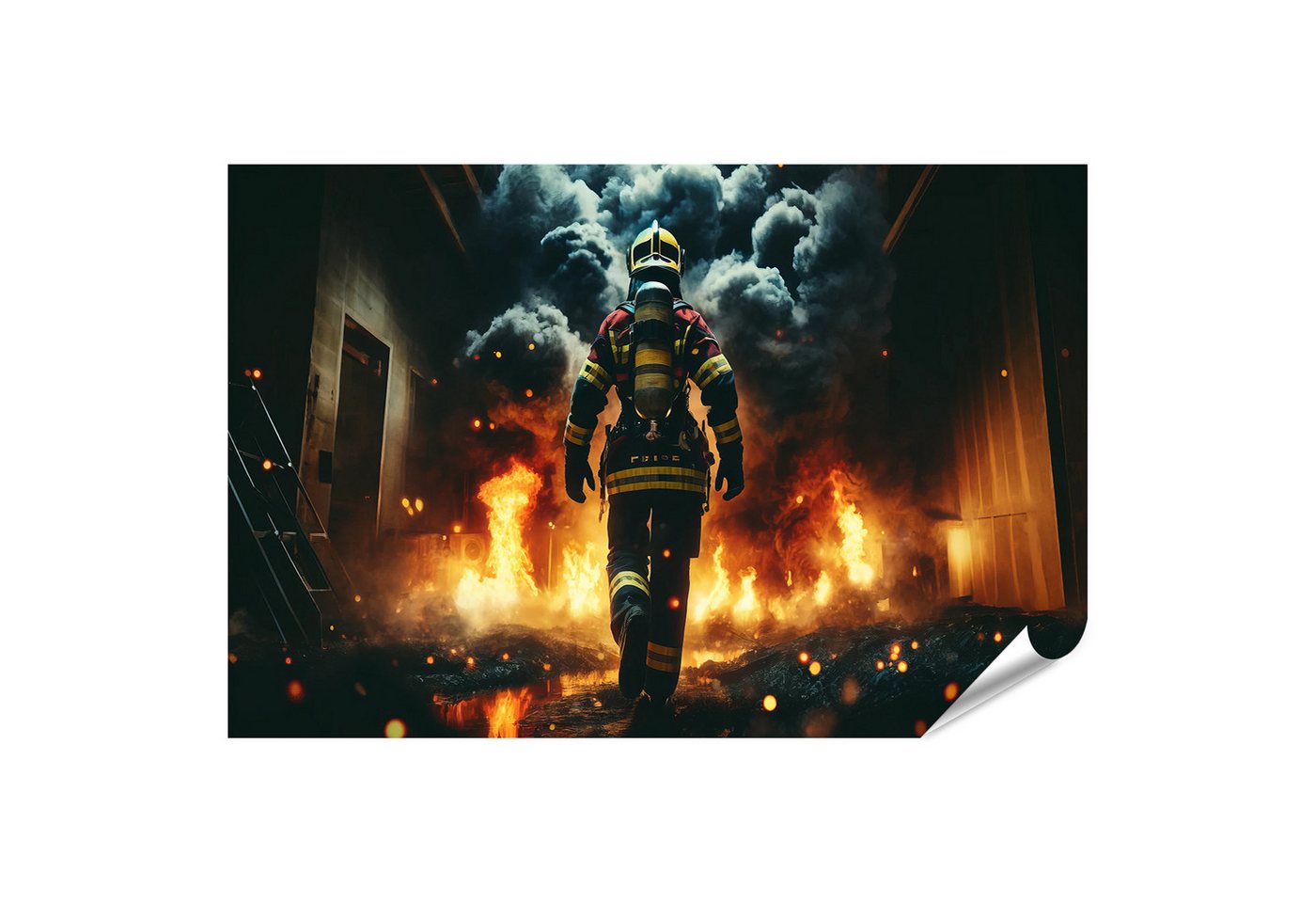 islandburner Wandbild Feuerwehrmann geht mutig auf lodernde Flammen zu islandburner Wandbild Feuerwehrmann geht mutig auf lodernde Flammen zu von islandburner