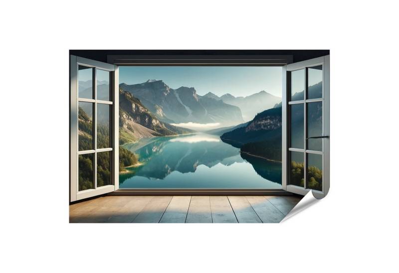 islandburner Wandbild Geöffnetes Fenster mit Blick auf Berge und spiegelnden See von islandburner