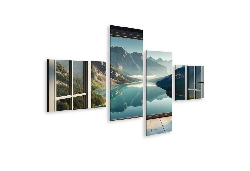 islandburner Wandbild Geöffnetes Fenster mit Blick auf Berge und spiegelnden See von islandburner