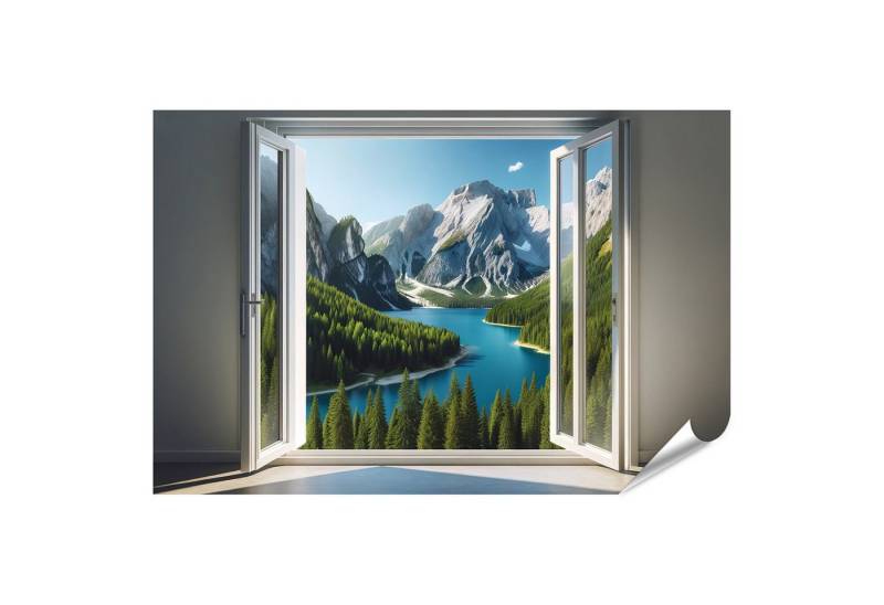 islandburner Wandbild Poster Blick durch ein Fenster auf eine Berglandschaft von islandburner