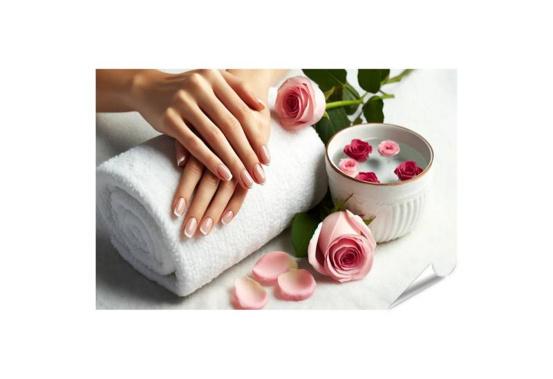 islandburner Wandbild Zart gepflegte Hände auf weißem Handtuch mit Rosen Nagelstudio von islandburner