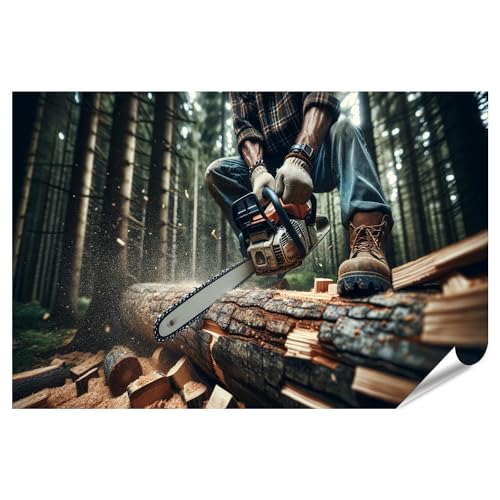 islandburner XXL Bild Poster Nahaufnahme eines Holzfällers beim Sägen eines Baumstamms mit Kettensäge Premium Bilder Fotodruck von islandburner