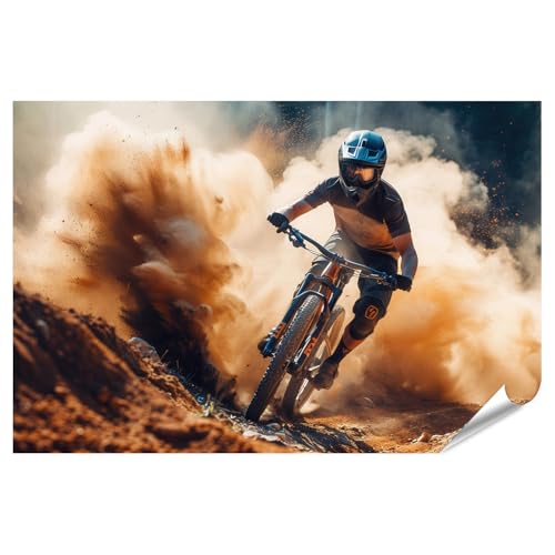 islandburner XXL Bild Poster Professioneller Enduro Mountainbiker fährt staubigen Waldweg Premium Bilder Fotodruck von islandburner