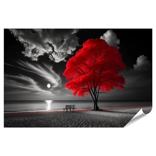islandburner XXL Bild Poster Roter Baum an einem mondhellen Strand in Schwarz-Weiß Premium Bilder Fotodruck von islandburner