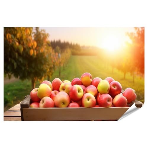 islandburner XXL Bild Poster Sonnenuntergang über Apfelplantage, äpfel auf Holzkiste am Tisch dargestellt Esszimmer Obsthandel von islandburner