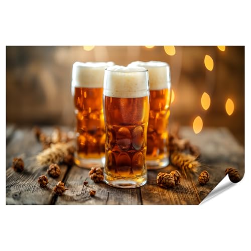 islandburner XXL Bild Poster Zwei Biergläser auf Holztisch mit Schaum Herbstlaub Tannenzapfen Oktoberfest Premium Bilder Fotodruck von islandburner