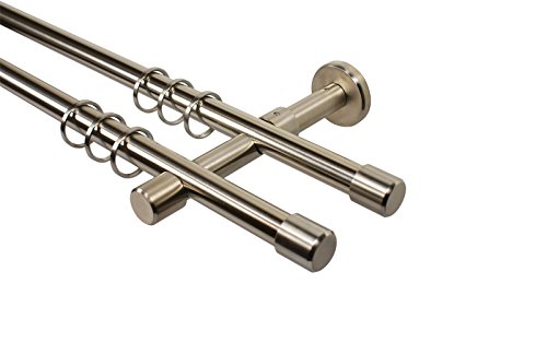 Edelstahl Optik Gardinenstange 2-läufig 16 mm mit Endstück Kappe, 320 cm (2 x 160 cm) von iso-design