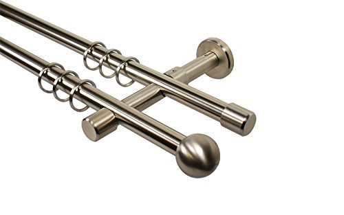 Edelstahl Optik Gardinenstange 2-läufig 16 mm mit Endstück Kugel, 180 cm von iso-design