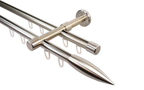 Edelstahl Optik Innenlauf Gardinenstange 2-läufig 16 mm mit Endstück Flamme, 240 cm (2 x 120 cm) von iso-design