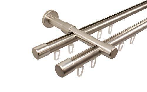iso-design Gardinenstange Innenlauf 2-läufig 20 mm Durchmesser Farbe Edelstahl Wandmontage Gardinenstangenkomplettset aus Metall Innenlaufstangen Endstück Kappe, 140 cm von iso-design
