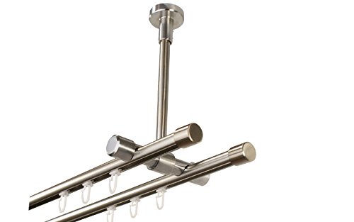 Gardinenstange Innenlauf 2-läufig aus Metall zur Deckenmontage 16 mm, Farbe Edelstahl mit Endstück Kappe, 280 cm (2 x 140 cm) von iso-design